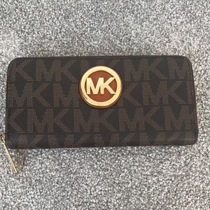 MK Brown and Gold Monogram Zip Around Wallet